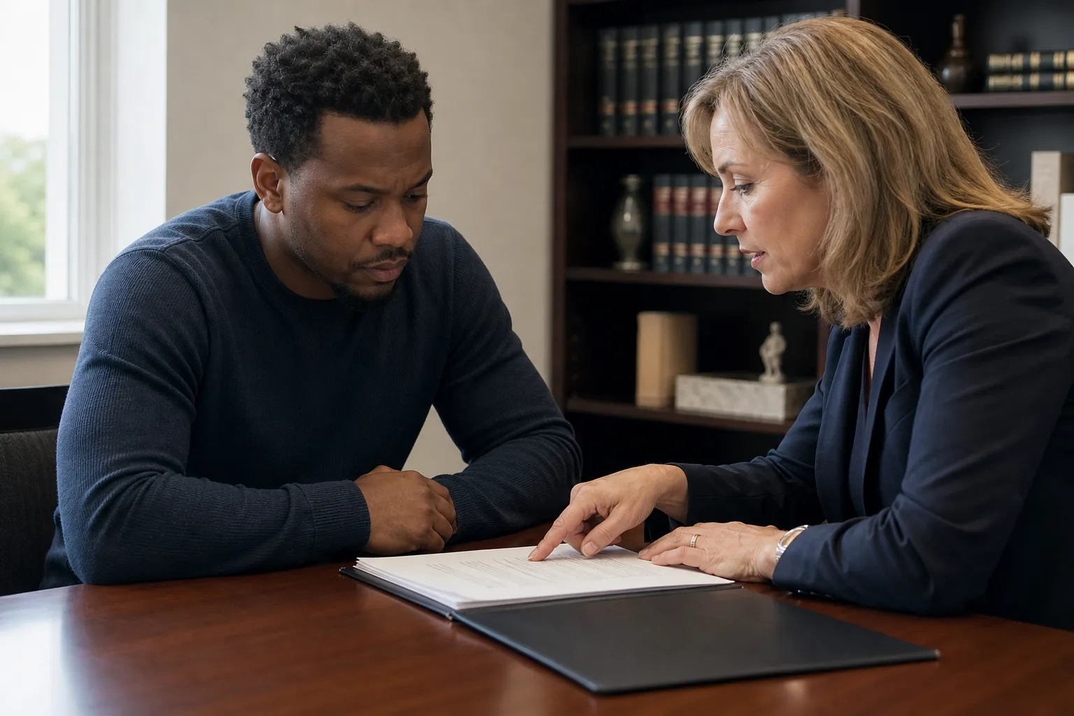 Man in his 30s meeting with a defense attorney to discuss legal strategy after an assault charge